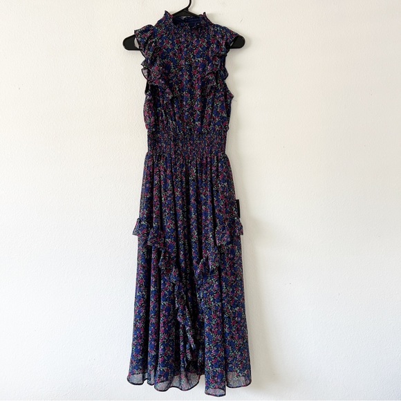 Lulu’s Evalina floral ruffle smocked high neck midi dress NWT size extra small - Picture 2 of 9